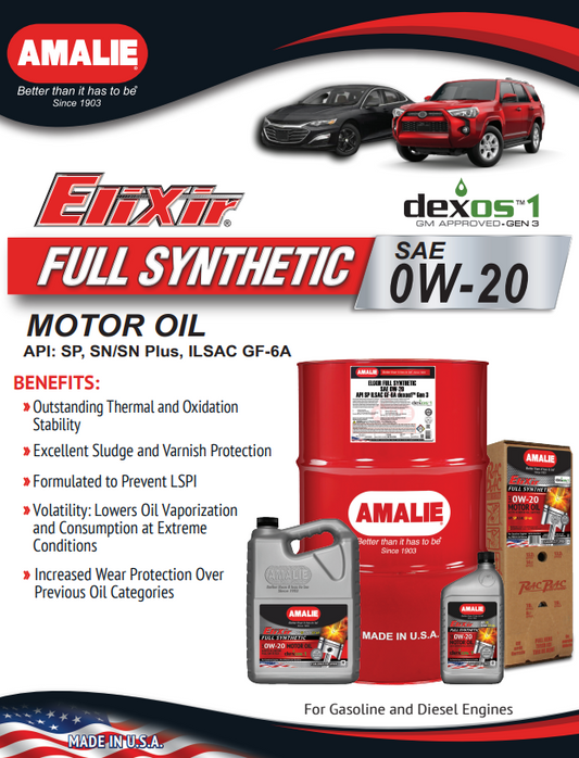 AMALIE Elixir Full Synthetic Engine Oil SAE 0W20 API SP 1Q(0.946L)