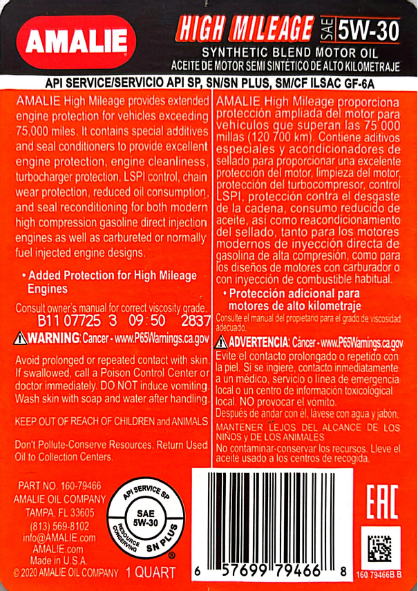 AMALIE High Mileage Engine Oil SAE 5W30 API SP 1Q(0.946L)