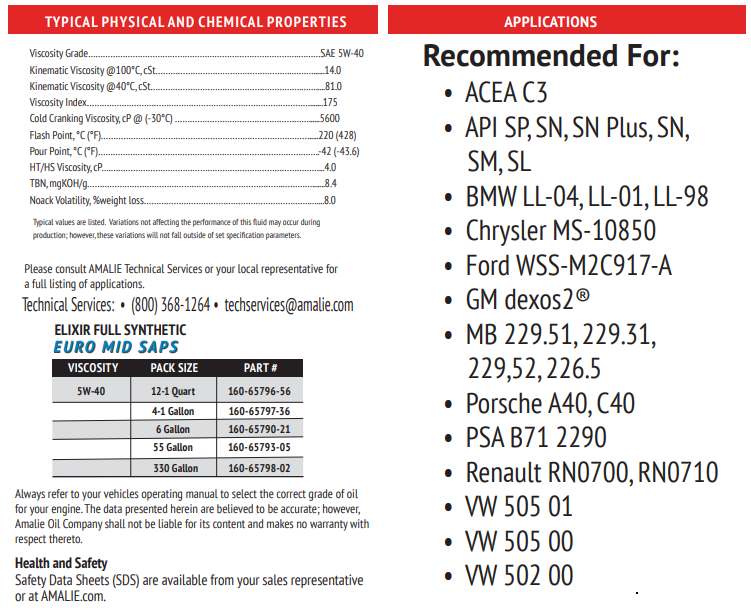 AMALIE Elixir Full Synthetic Engine Oil SAE 5W40 API SN 1Q(0.946L)