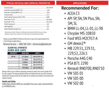 AMALIE Elixir Full Synthetic Engine Oil SAE 5W40 API SN 1Q(0.946L)