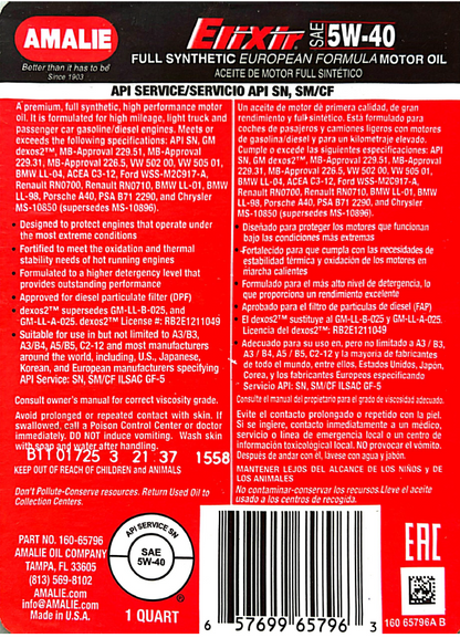 AMALIE Elixir Full Synthetic Engine Oil SAE 0W20 API SP 1Q(0.946L)