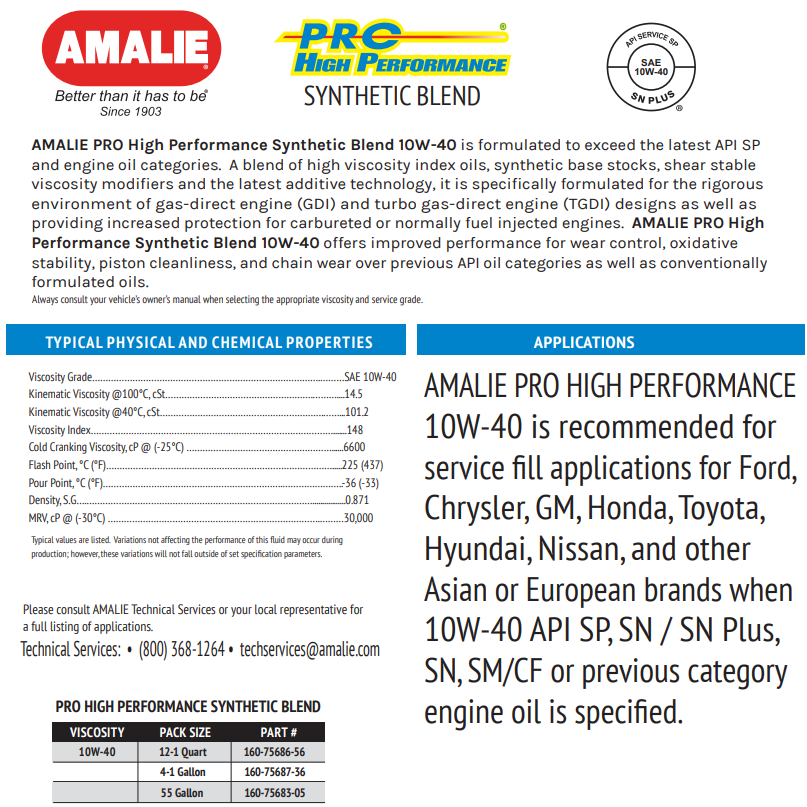 AMALIE Pro High Performance Engine Oil SAE 10W-40 API SP 1Q(0.946L)