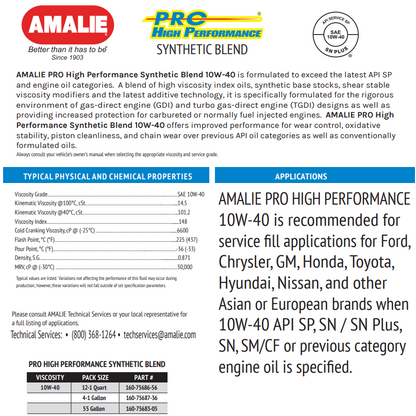 AMALIE Pro High Performance Engine Oil SAE 10W-40 API SP 1Q(0.946L)
