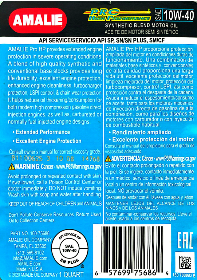 AMALIE Pro High Performance Engine Oil SAE 10W-40 API SP 1Q(0.946L)
