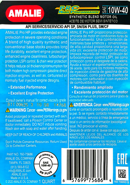 AMALIE Pro High Performance Engine Oil SAE 10W-40 API SP 1Q(0.946L)
