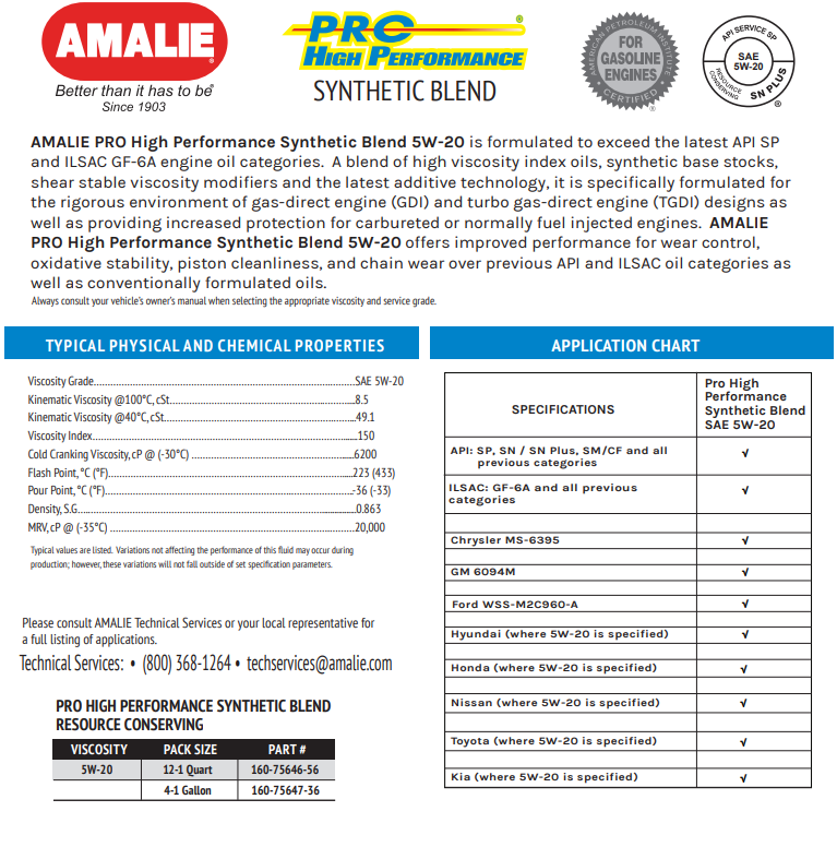 AMALIE Pro High Performance Engine Oil SAE 5W-20 API SP 1Q(0.946L)