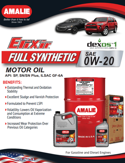 AMALIE Elixir Full Synthetic Engine Oil SAE 0W20 API SP 1Q(0.946L)