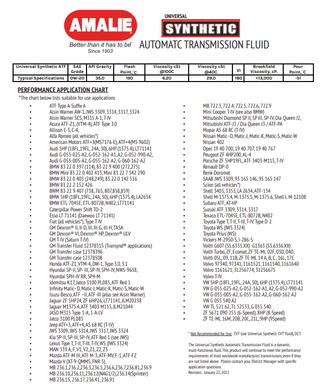 AMALIE Universal Synthetic Automatic Transmission Fluid 1Q(0.946L)